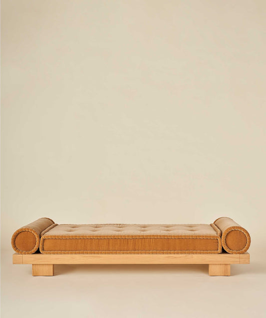 natural oak upholstered day bed with camel fabric