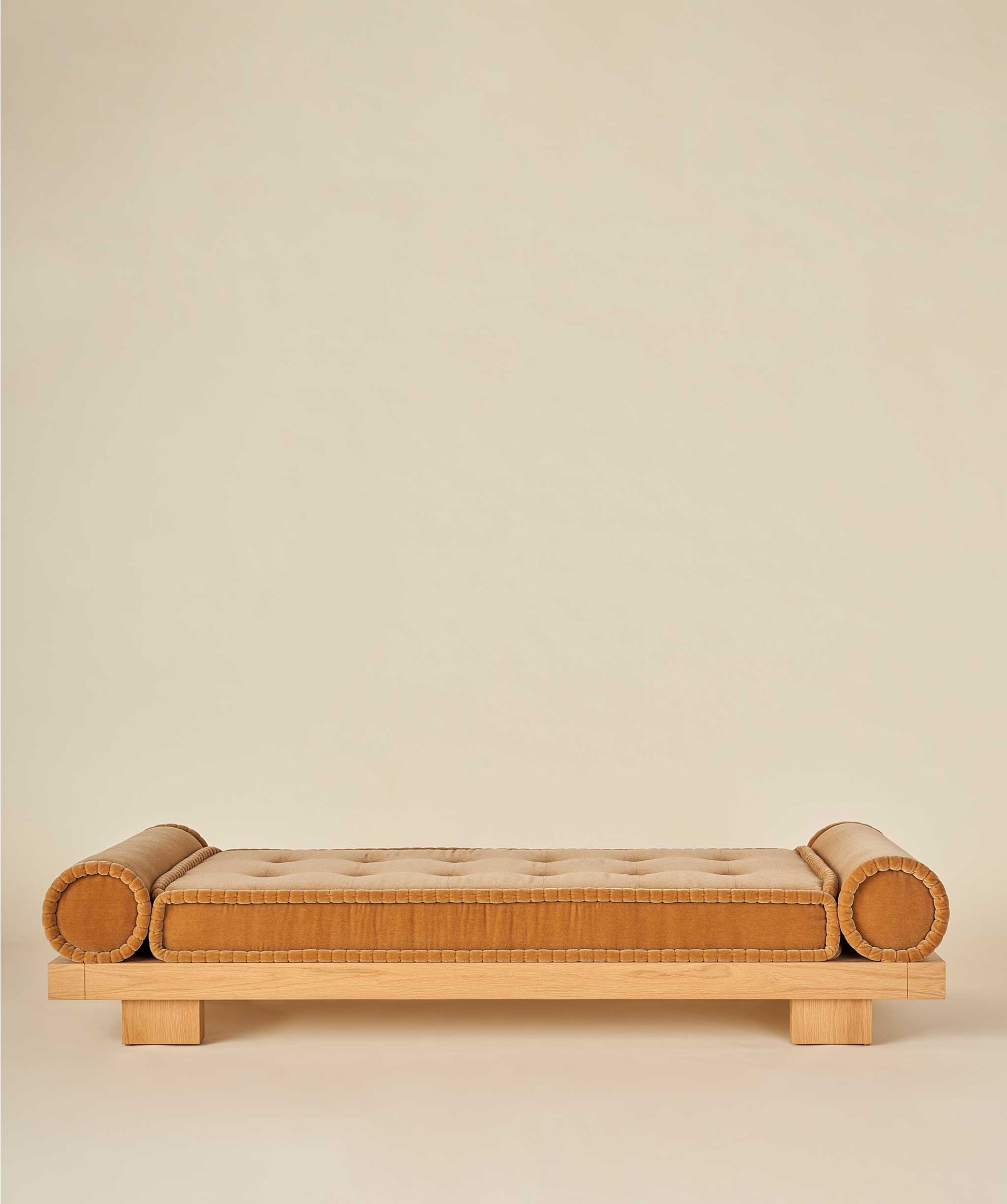 natural oak upholstered day bed with camel fabric